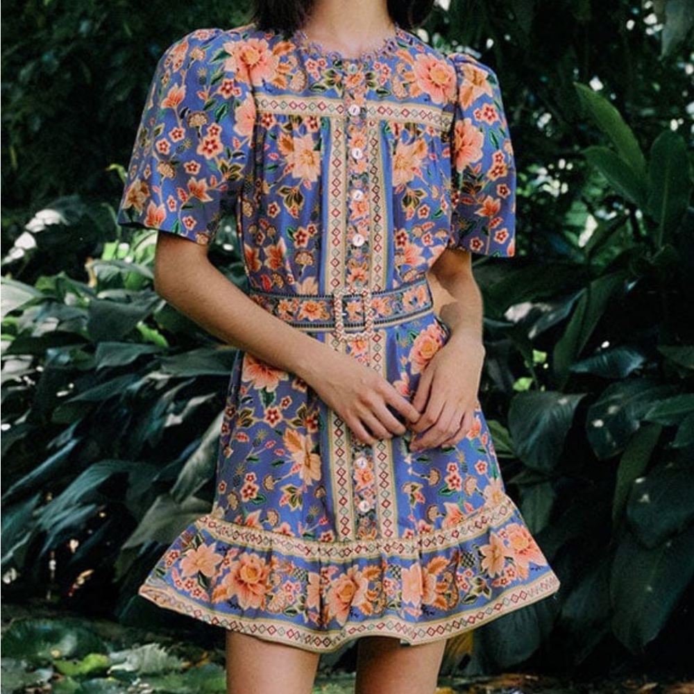 Farm Rio Superbloom Tapestry Blue Mini Dress NWT